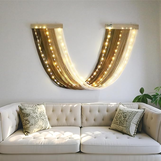 Macrame Fairy Lights Battery Operated with Remote & Timer, Brown Gradient | Handwoven Wall Hanging with 20ft 100 LEDs Warm White Timer String Lights for Bedroom,Living Room,Party,Wedding,Christmas Deco