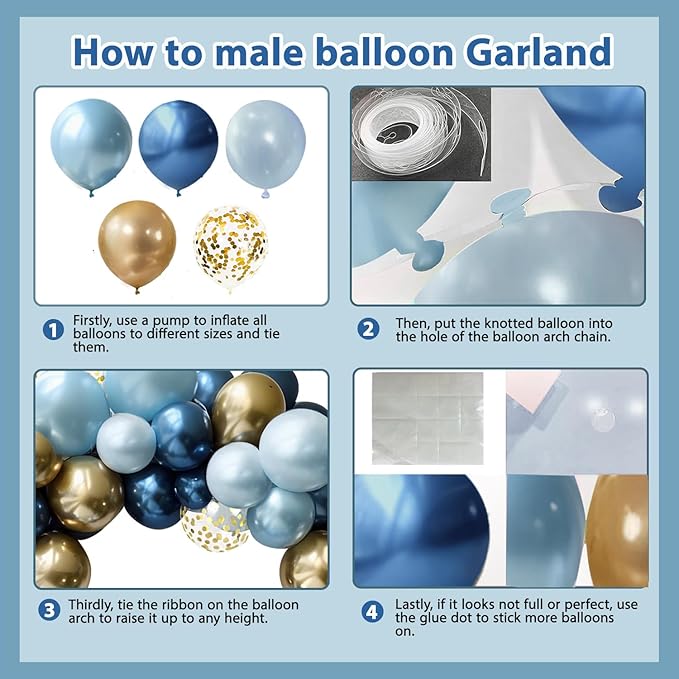 Blue and Gold Balloons Arch Kit - 119 PCs Double Stuffed Pastel Blue Balloons Dusty Navy Light Metallic Blue Gold Confetti Balloons for Bridal Shower Wedding Birthday Party Decorations
