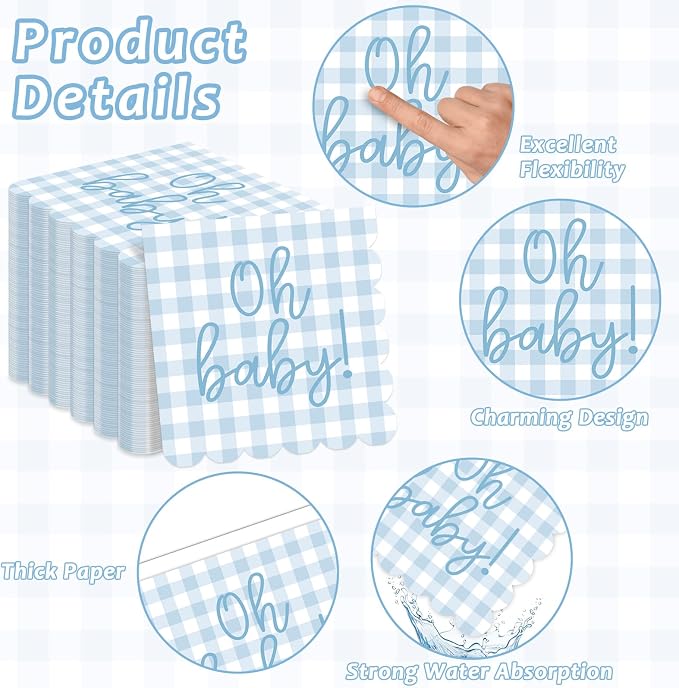 96PCS Blue Baby Shower Decorations Blue Plaid Paper Plates Scalloped Napkin Plaid Tableware Set Hello Sweet Boy Disposable Dinnerware Party Favors for Gender Reveal Birthday Party Supplies