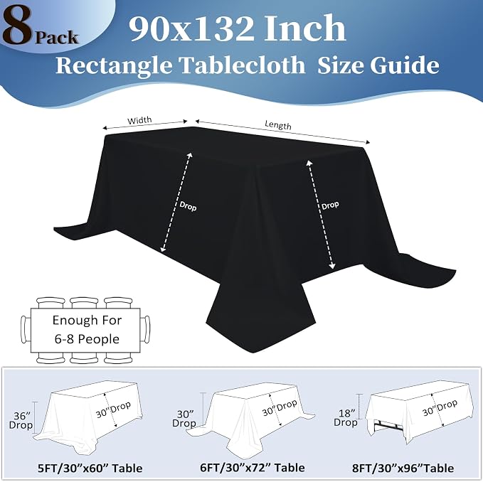 8 Pack Black Tablecloths 90x132 Inch Table Cloths for 8 Foot Rectangle Tables, Wrinkle Resistant Washable Rectangular Fabric Table Cover for Dining Wedding Banquet Camping Party