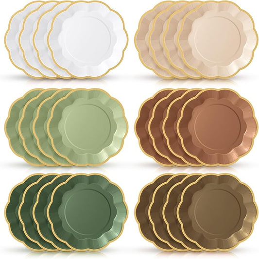 72 Pcs Woodland Paper Plates 9 Inch Green and Brown Gradient Scalloped Paper Disposable Dinner Dessert Plates for Birthday Wedding Bridal Party Supplies, 6 Colors