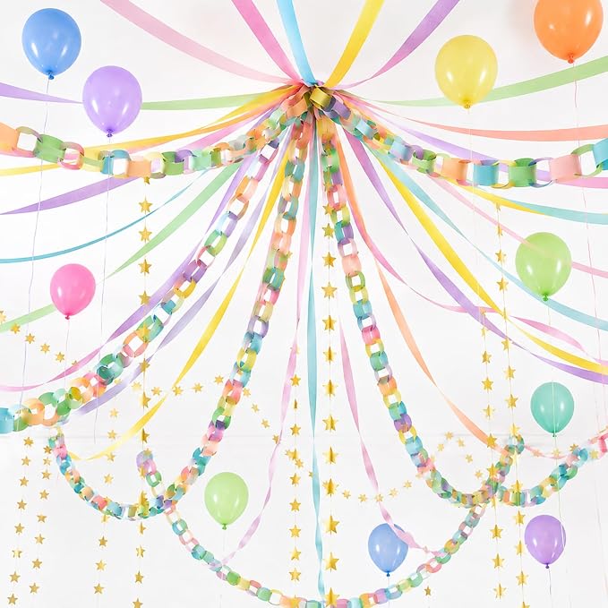 succulentlovers 360 Sheets Colorful Paper Chains Strips, 52 ft Gold Star Garland with 492 ft Crepe Streamer, Fancy Birthday Party Decorations Include Balloon Fringe Curtain for DIY Hanging Decor