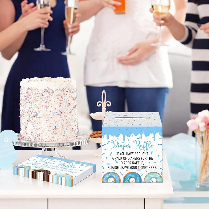 Teling 51 Pieces Diaper Raffle Tickets with Card Box Baby Shower Decorations Gender Reveal Holder Box for Girl Boy Diaper Raffle Party (Baby Boy Sprinkle)