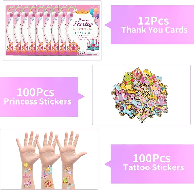 308PCS Princess Birthday Party Decorations Favors, Including Goodie Bags, Crown, Magic Wand, Straws, Bubble Wands, Stickers, Cake Toppers, Tattoo & More-Perfect for Party Decorations & Pinata Fillers