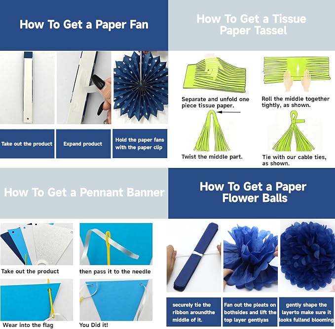 33 Pcs Navy Blue and Silver Party Decorations Kit - Reusable Paper Fans, Pom Poms, Tassel Garland & Banner - Elegant Decor for 2026 Graduation, Birthday, Wedding & Bridal Shower