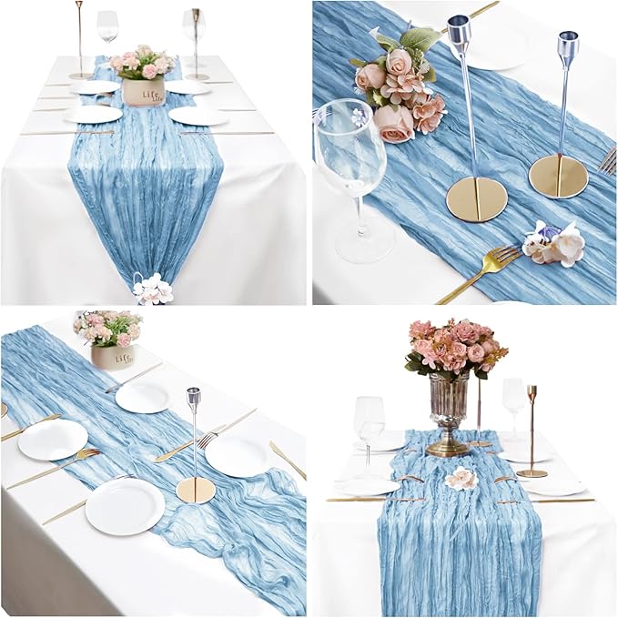 8 Pack Baby Blue Cheesecloth Table Runner 10Ft Gauze Cheese Cloth Table Runner 35 x120Inch Boho Table Runners Romantic Table Cover for Wedding Engagement Bridal Baby Shower Birthday Party Table Décor