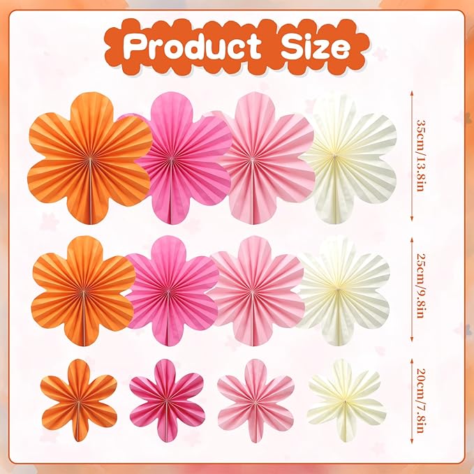 BestoFun 12 PCS Paper Flowers Fans Pink and Orange Party Decorations Paper Flowers Decorations for Wall Girl Groovy Birthday Baby Shower Wedding Bachelorette Room Hanging Décor