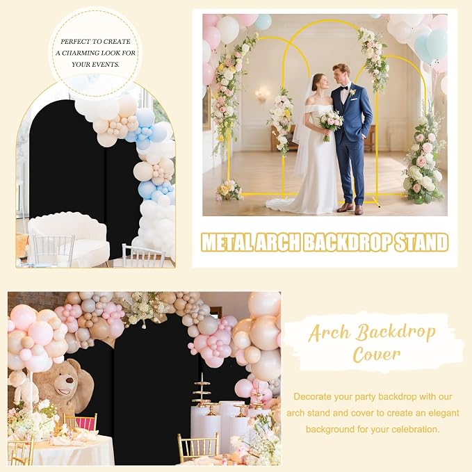 FUHSY Metal Arch Backdrop Stand and Cover Set 6FT, 6.6FT, 7.2FT Black Arch Cover Set of 3 Wedding Backdrop Arch Stands Chiara Arched Frame with Covers for Birthday Party Baby Shower Decor