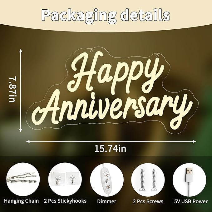 Happy Anniversary Neon Sign - 15.75" Dimmable LED Wall Decor Light, USB Romantic Gift for Couples,Business Celebrate Banner，Party Wedding Anniversary Decorations