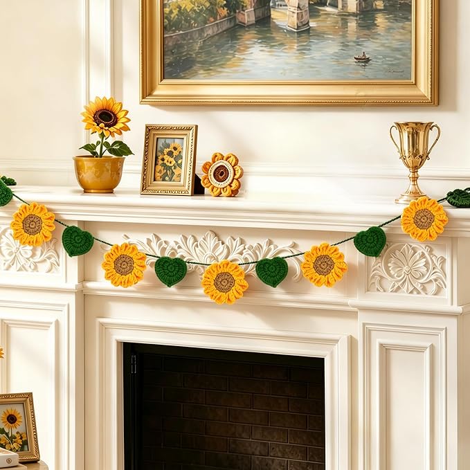 Handmade Crochet Flower Garland, Sunflower Garland for Girl Nursery Decor, Sunflower Garland for Birthday Party, Boho Room Wall Hanging Decoration