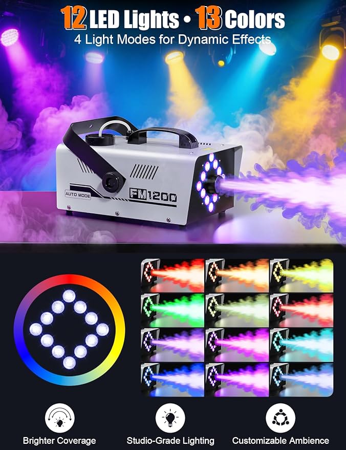 Fog Machine Outdoor Indoor 1200W, 6000CFM Smoke Machine with 12 LED Lights, 13 Colors & 4 Effects, Dual Wireless Remotes & Auto Fogger for Halloween, Parties, DJ, Stage, Wedding Events