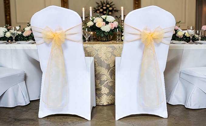 MDS® Pack of 75 Organza Chair Sashes for Wedding Decoration, Reusable Sheer Chair Bows for Banquet Chair Cover, Reception, Bridal Shower, Baby Shower, Birthday Party & Special Events - Gold