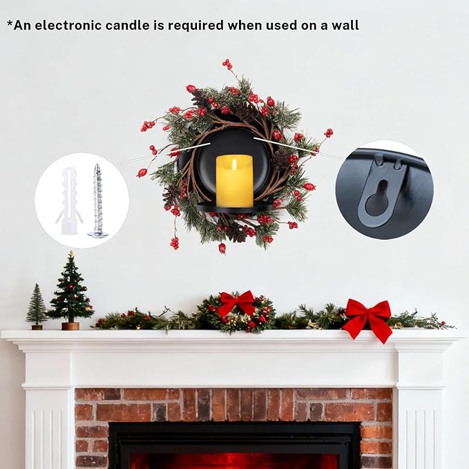 MOYEE Christmas Winter Centerpieces for Tables Candle Ring, Black Metal Candlestick with an Artificial Wreaths 14 in Versatile Dining Table Centerpiece Decor (Pine Needle Wreath)
