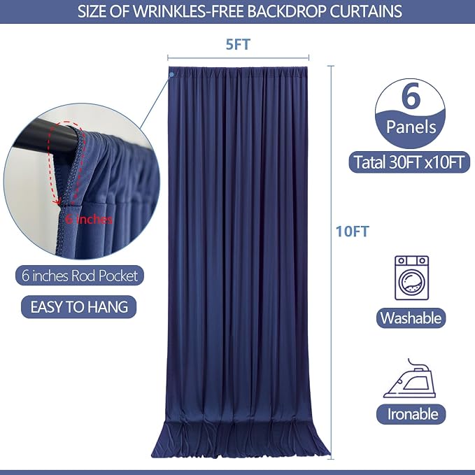 ESGOTBME 30x10ft Wrinkle Free Navy Blue Backdrop Curtain for Parties Soft Fabric Drapes Wedding Curtain Backdrop for Birthday Party Decorations Background for Photography 5x10ft, 6 Panels