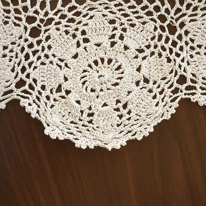 USTIDE Handmade Crochet Round Tablecloth 60-inch Beige Lace Table Overlays Floral Table Covers for Bedroom Kitchen Coffee Dining