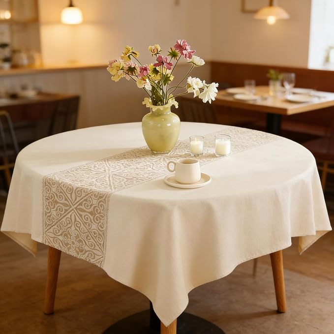 Nordic Beige Round Tablecloth, Premium Drape, Water & Stain Resistant, Elegant Rectangle Table Cover for Dining, Kitchen, Party, Home Decor