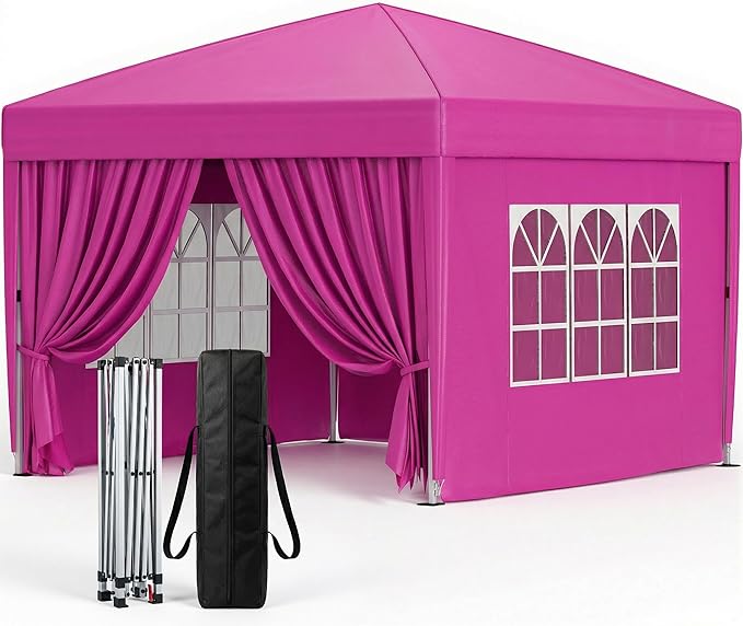10x10 Pop Up Canopy with Sidewalls, Instant Tent with Carry Bag, Height Adjustable Waterproof Shade Canopy, for Event, Parties, Camping (Pink, 10x10 with Sidewalls)