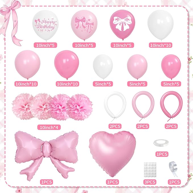 Pink Bow Birthday Decorations, Coquette Party Supplies with Balloons, Fringe Curtain, Birthday Sash, Pink Hair Bow, Tablecloth, Banner, Paper Pompoms, Cake Topper for Women Girls Bday Party Decor