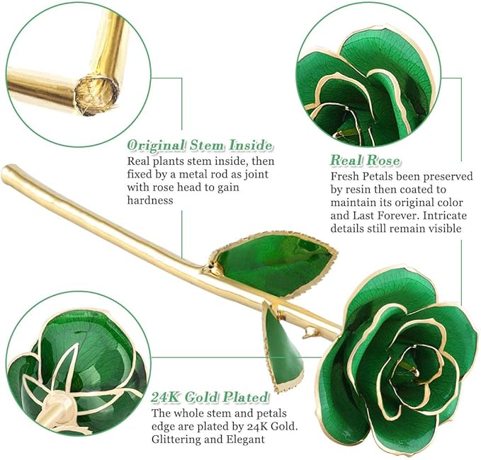24K Gold Dipped Real Rose Valentines Flower, Golden Friend Romantic Love Girlfriend Confidante Wife Mom Grandma on Birthday Sweetest Day Halloween Thanksgiving, Green