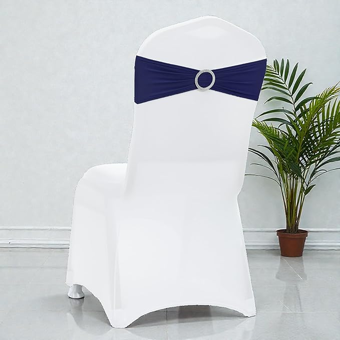 VDS - Navy Blue | Spandex Chair Sashes Bows | 25 PCS | Stretch Elastic Banquet Universal Folding Chair Band Tie with Silver Buckle Slider for Wedding Party Conference Celebration Event Decoration