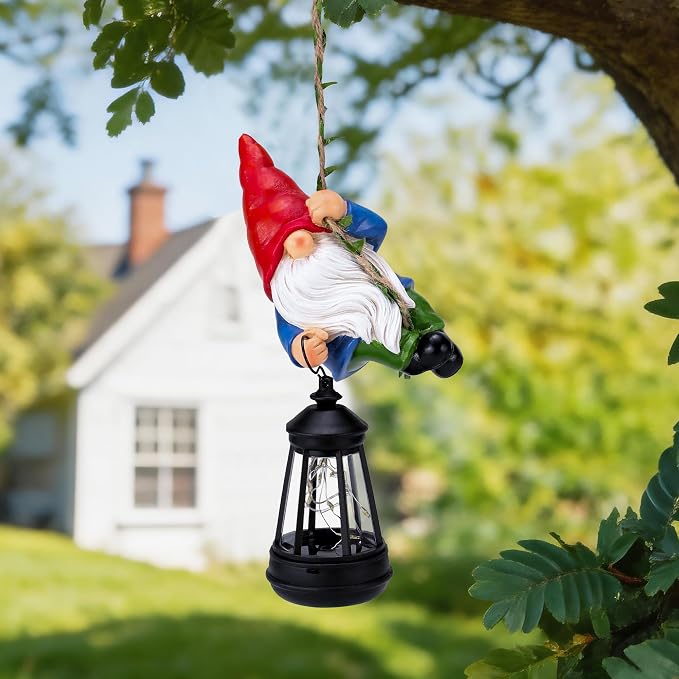 Solar Hanging Gnome Garden Statues Climbing Rope Gnome with LED Lantern Outdoor Decor Tree Hugger Yard Porch Wall Fence Decoration Mother's Day Birthday Gifts for Mom Women, Red Hat