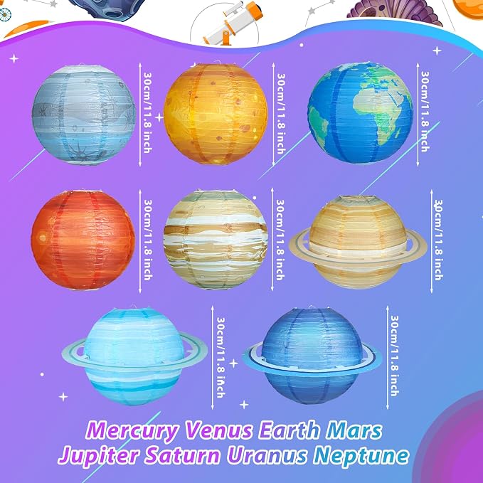 8 PCS Planet Paper Lanterns, 12 Inch Outer Space Party Decorations, Solar System Hanging Planets Lantern for Kids Space Theme Party Birthday Room Decorations