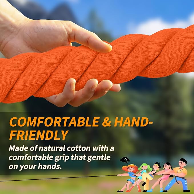 Tug of War Rope for Kids & Adults - 40ft Soft Cotton Outdoor Pulling Rope with Flag for Team Building Activities Field Day Family Reunions Birthday Parties Camping Games- Orange