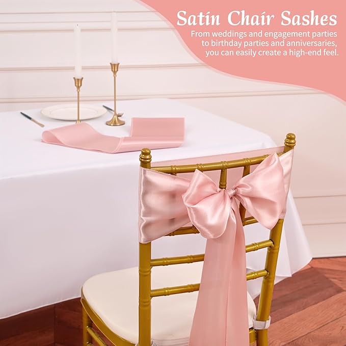 120 PCS Rose Gold Satin Chair Sashes, Ties Bows Designed Sashes for Washable Reusable Chair Covers Supplies for Wedding Reception Events Banquets Party Hotel Event Aisle Decorations (7 x 108 inch)
