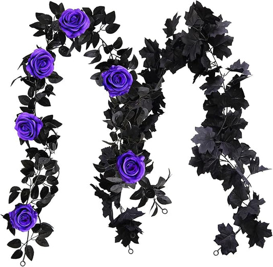 2Pcs Rose Garland 5.74 ft Rose Vines Flower Garland with Eucalyptus Leaf Vines for Table Room Party Office Indoor Outdoor Decor (Purple 2)