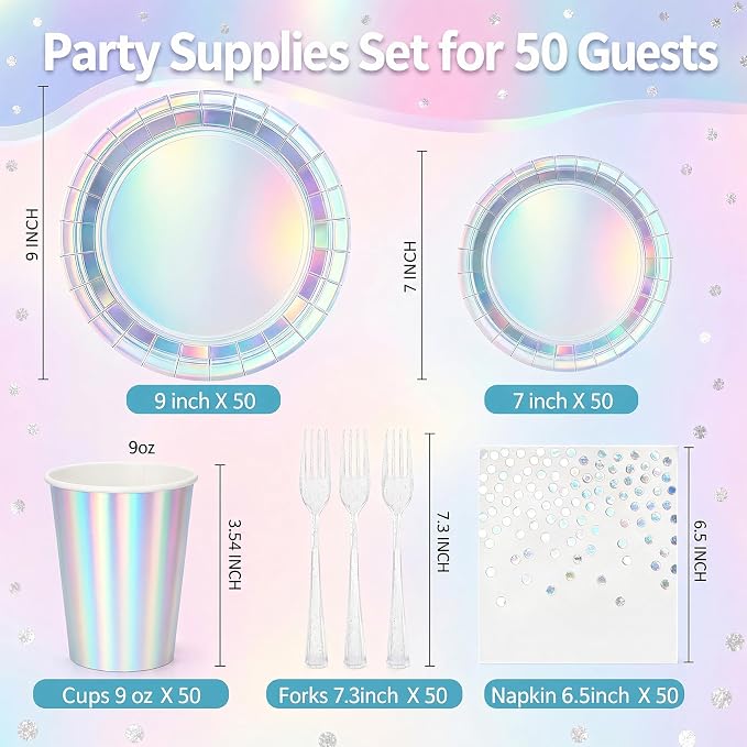 250Pcs Iridescent Plates and Napkins Party Supplies Set for 50 Guests, Disposable 9’’ and 7'' Holographic Silver Paper Plates ,Cups, Forks, Napkins Tableware for Mermaid, Birthday Party Decorations
