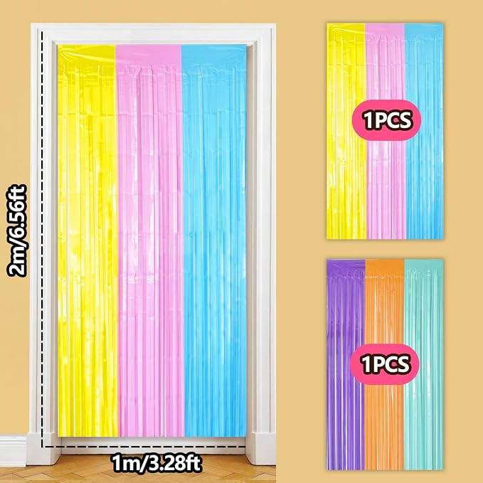 Pastel Foil Fringe Curtains Backdrop Birthday Party Decorations, 2 Pack 3.28 x 6.56 Ft Pastel Color Tinsel Streamer Banner Photo Booth Props for Easter Unicorn Summer Beach Pool Party Decor Supplies