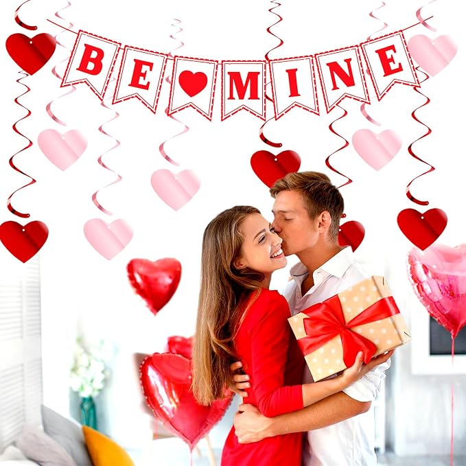 Galentines Party-Decoration Valentines Heart Garland - 25pcs Red Rose-Gold Paper Streamers Honeycomb Fans XOXO BEMINE Banner, Anniversary Baby Shower Wedding Love Hanging Supplies Decor Hugfond