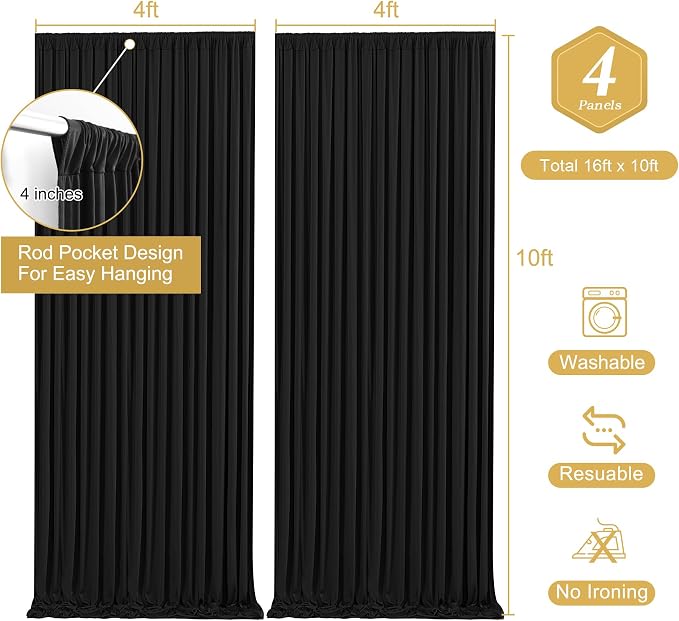 Black Backdrop Curtain 4 Panels-Wrinkle-Free Black Curtains Polyester Photography Drapes for Wedding Birthday Party Photo Background Backdrop Stand- 16 X10FT