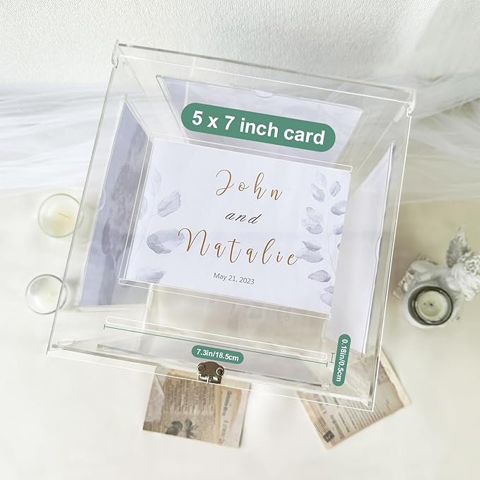 Acrylic Wedding Card Box with Picture Frame, Clear Gift Card Box for Wedding Reception, Large Rotatable Money Envelope Card Box Holder with Lock for Graduation Party Birthday Baby Shower