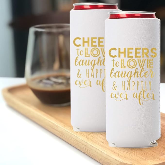 Wedding Can Cooler Decorations Set of 12 - Cheers to Love Laughter and Happily Ever After, Wedding Rehearsal Dinner Decorations - Bridal Showers, Engagement Party Favors for Guests and Supplies