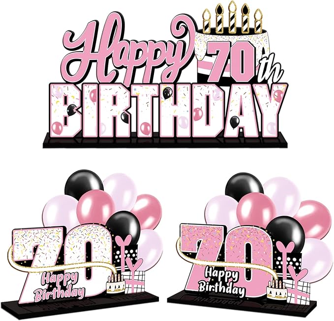LINGTEER Happy 70th Birthday Pink Acrylic Table Topper Centerpieces Set - Cheers to 70 Years Old Birthday Seventy Bday Party Gift Decorations.
