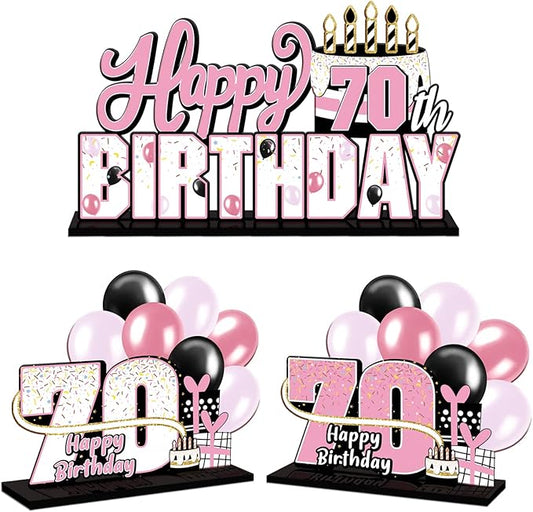 LINGTEER Happy 70th Birthday Pink Acrylic Table Topper Centerpieces Set - Cheers to 70 Years Old Birthday Seventy Bday Party Gift Decorations.