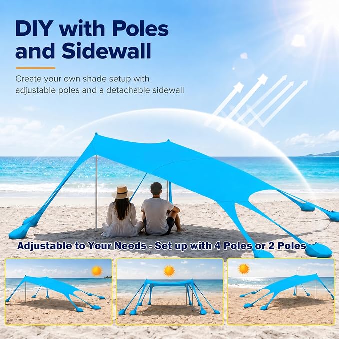 Large Beach Tent Sun Shelter with Sidewall, UPF80+ UV Protection Beach Tents Shade Canopy with 8 Sandbags, 4 Stability Poles for Sand, Camping, Fishing, Outdoor Tent Sun Shelters (11x11ft, Sky Blue)