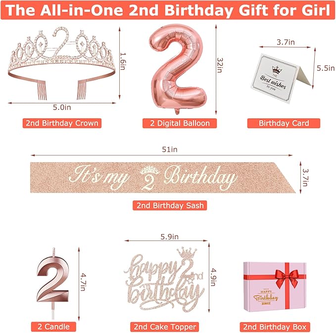 2nd Birthday Decorations for Baby Girls, Including 2nd Birthday Sash and Tiara, Cake Topper and Candle, Number Balloon, 2 Year Old Gifts for Girls