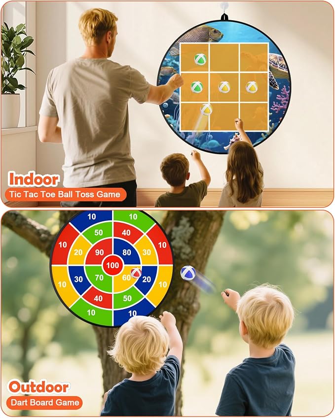 2-in-1 Outdoor Giant Tic Tac Toe Bean Bag Toss Games, Tic Tac Toe Ball Toss Game and Dart Board Games with Sticky Balls for Kids Adults Large Lawn Carnival Yard Birthday Family Outside Party Games