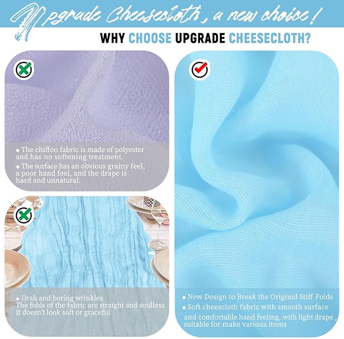 Teruntrue 24 Packs Light Blue Cheesecloth Table Runner,10ft Rustic Gauze Boho Wedding Table Runner Decoration, Wedding Table Decor Sheer Table Runner for Wedding Party Bridal Shower Table