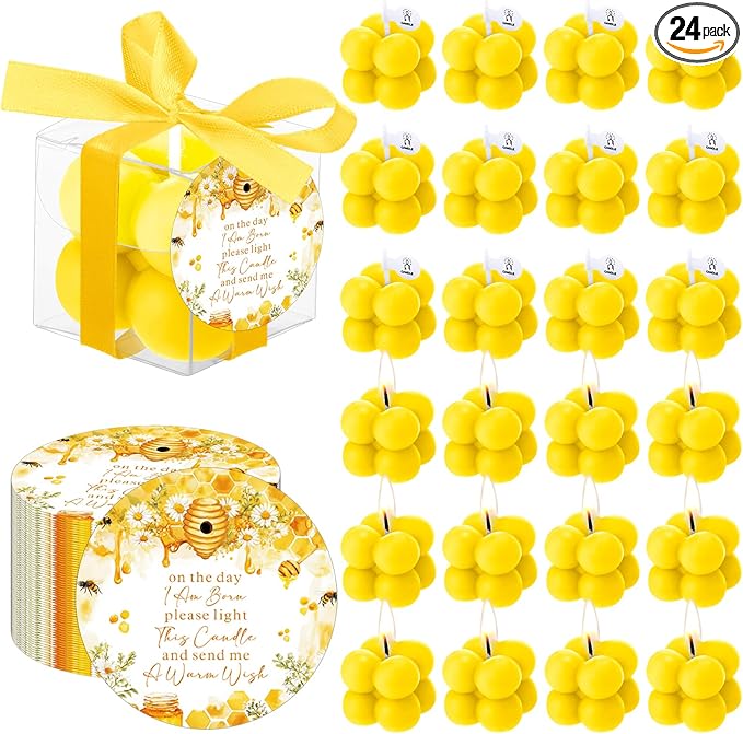 MTLEE 24 Sets Bee Baby Shower Favors Party Candle Small Bubble Candle Baby Shower Favors for Guests Tea Candles Bulk with Stylish Ribbons Cards Gifts (Yellow, Bee)