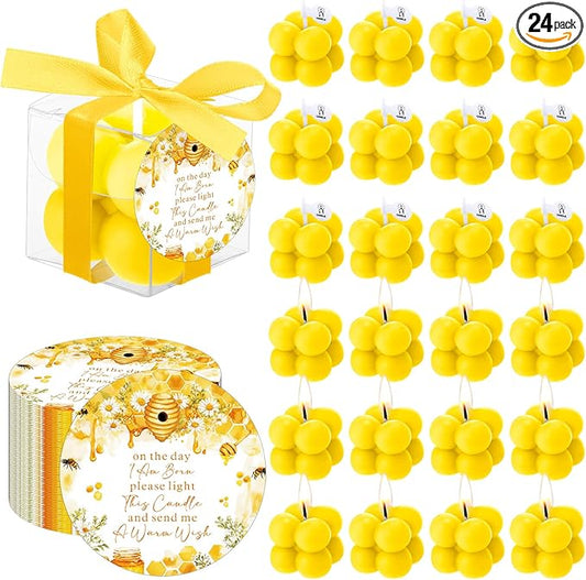 MTLEE 24 Sets Bee Baby Shower Favors Party Candle Small Bubble Candle Baby Shower Favors for Guests Tea Candles Bulk with Stylish Ribbons Cards Gifts (Yellow, Bee)