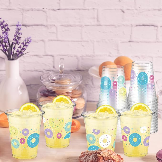 FoldTier 50 Pcs Donut Cups 12 oz Sprinkle Plastic Cups Clear Disposable Sweet One Glasses Doughnut Theme Glasses for Home Sprinkle Grow up Birthday Theme Party Favors Supplies Decoration (Donut)