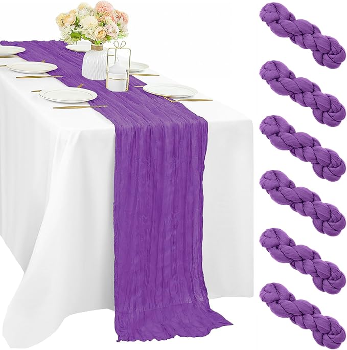 Purple 6 Pcs Cheesecloth Table Runner 10FT Runner for Tables Gauze Fabric 35 x 120 Inches Long Boho Table Runner Decoration Rustic Sheer Runner for Wedding Birthday Baby Shower Party (Purple)