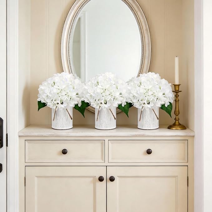 Flower Table Centerpieces - Set of 6 Floral Arrangement Artificial Wedding Hydrangeas Floral Arrangement with Rustic Metal Vase for Bridal Tea Party Event Decorations - Ivory White