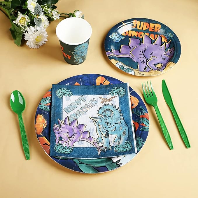 Dinosaur Birthday Party Supplies Kit For Boys, Dinosaur Party Decorations-20 Guest-Include Dino Plates Cups Napkins Banner Cutlery Balloon Tablecloth Straws Toppers