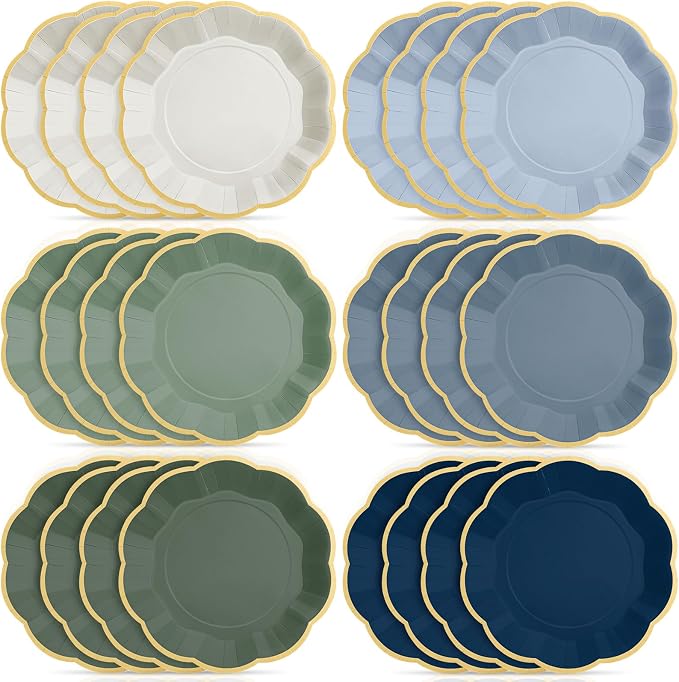 72 Pcs Dusty Blue and Sage Green Color Paper Plates 9 Inch Green Blue Gradient Scalloped Paper Disposable Dinner Dessert Plates for Birthday Wedding Bridal Party Supplies, 6 Colors