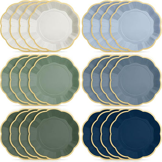 72 Pcs Dusty Blue and Sage Green Color Paper Plates 9 Inch Green Blue Gradient Scalloped Paper Disposable Dinner Dessert Plates for Birthday Wedding Bridal Party Supplies, 6 Colors