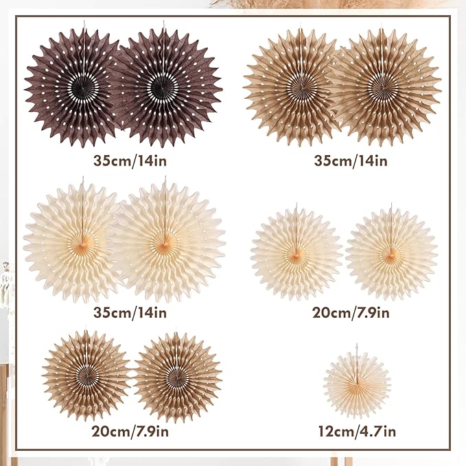 PAPER JAZZ 11 Pcs Brown Party Decorations Neutral Party Decorations Boho Themed Decoration for Western Party Honeycomb Paper Fans Rustic Baby Shower Birthday Wedding Graduation Party Supplies